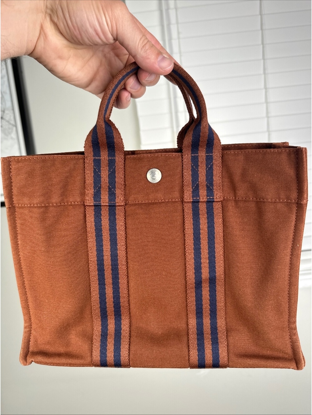 Hermes Fourre Tout PM Canvas Tote Bag Brown Navy  Authentic